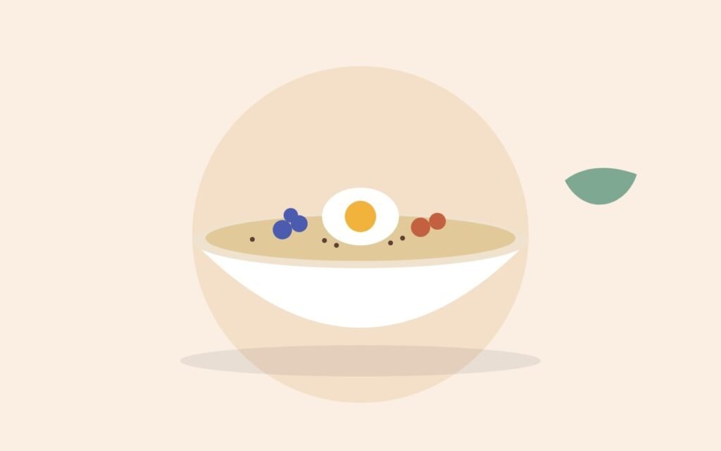 Illustration of a breakfast bowl with oats, berries and a boiled egg