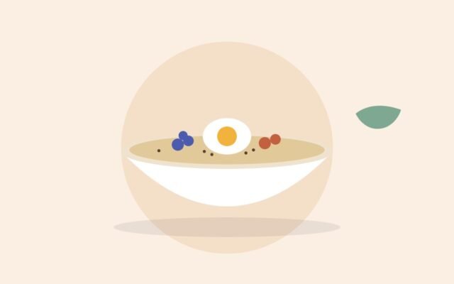 Illustration of a breakfast bowl with oats, berries and a boiled egg
