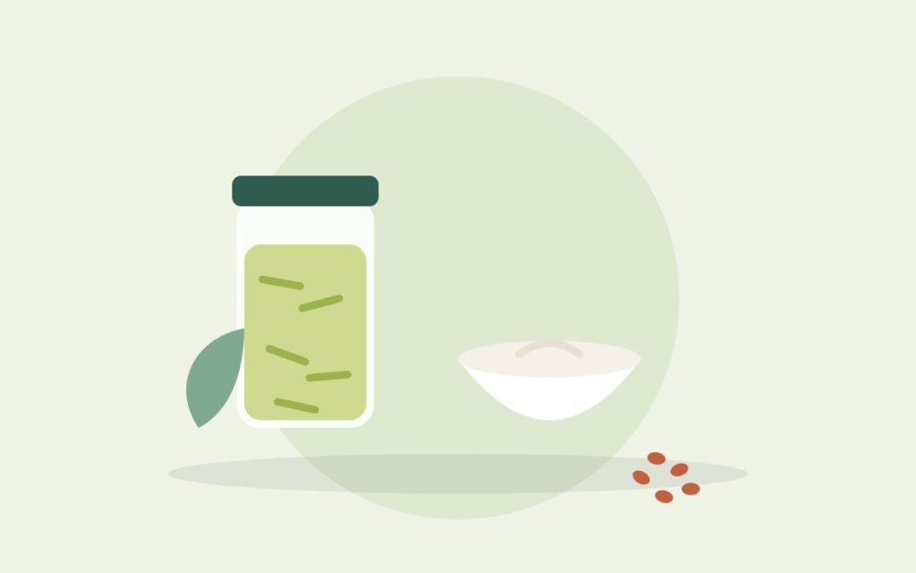 Illustration of a jar of fermented vegetables, a bowl of yogurt and lentils