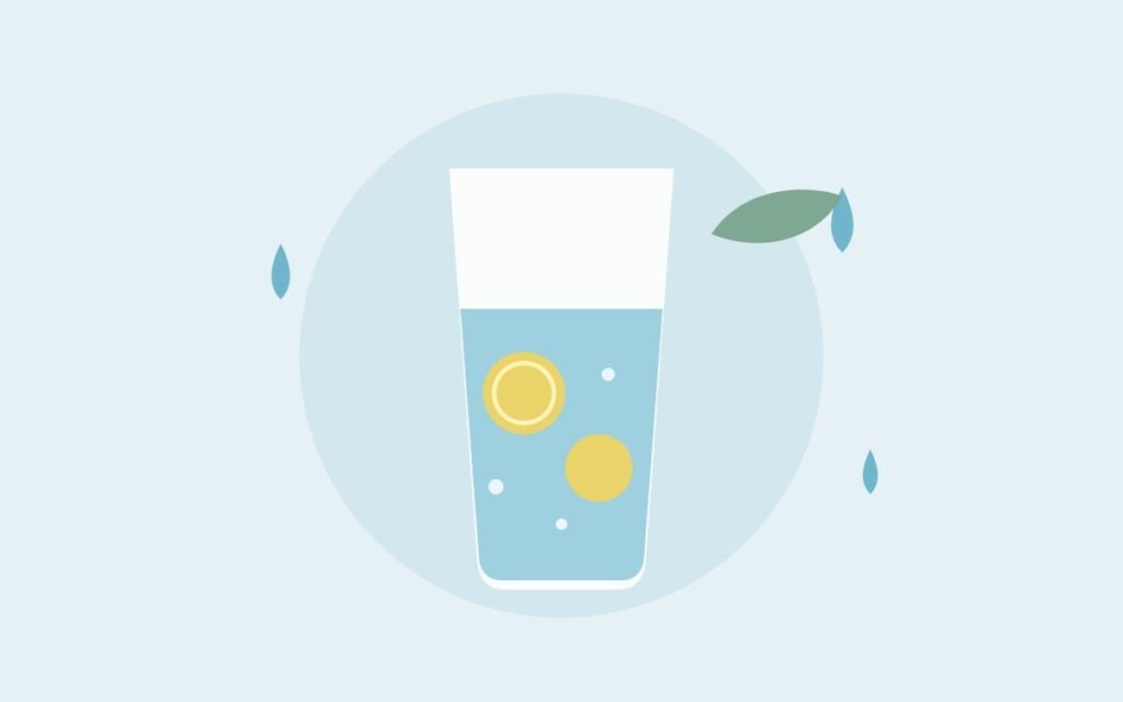 Illustration of a glass of water with lemon slices and droplets