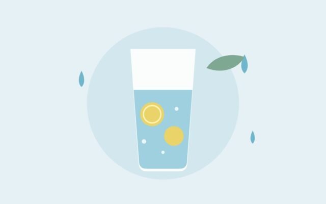 Illustration of a glass of water with lemon slices and droplets