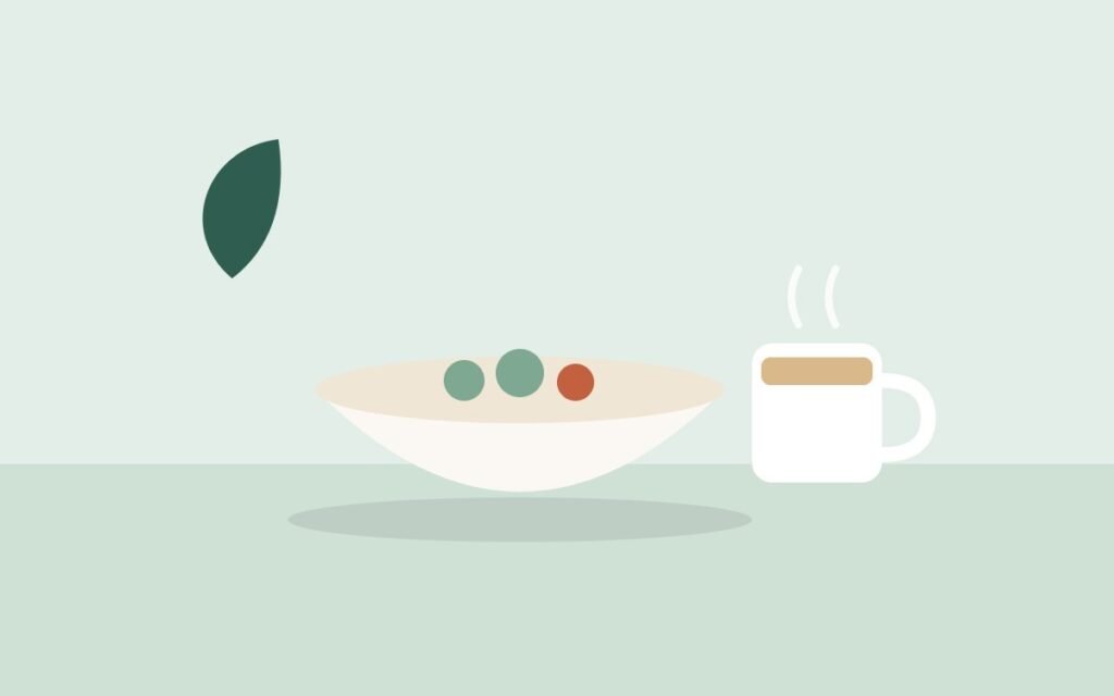Illustration of a bowl, a cup of tea and a small leaf on a calm green table