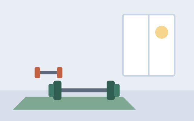 Illustration of a pair of dumbbells and a yoga mat beside a window