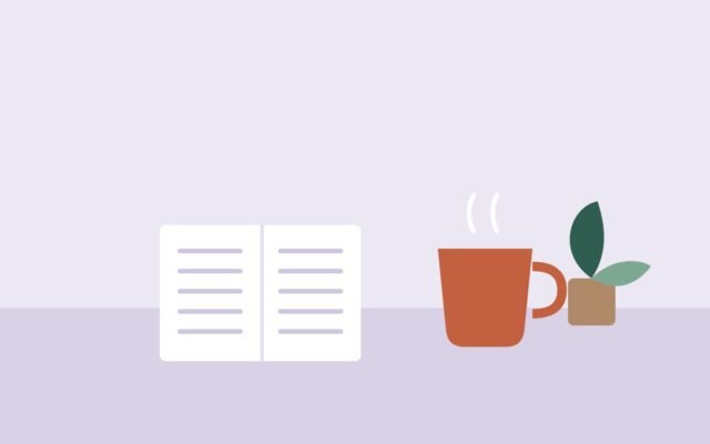 Illustration of a cup of tea next to an open notebook and a small plant