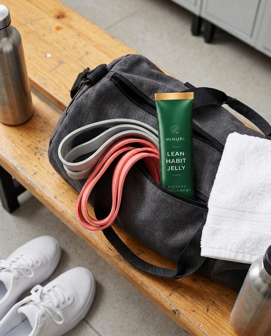 Jelly stick packed in a gym bag with sneakers and a water bottle