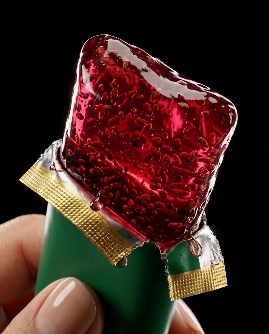 Close-up of the pomegranate jelly squeezed from an open stick